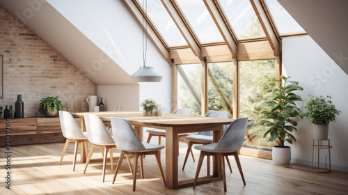 A Minimalist interior design of a modern Dining table and chairs in a clear loft with wooden beams in the dining room, a room with morning sunlight streaming through the window.