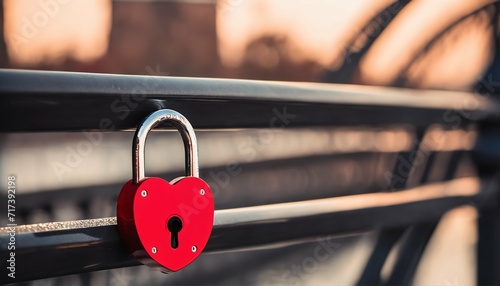 Love locks on a bridge featuring a prominent red padlock and a heart-shaped lock at the extremity