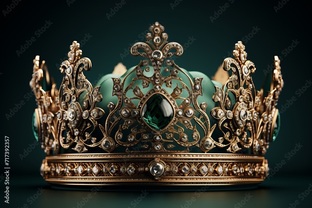 Grandiose Gold Crown, on isolated Emerald Green background, Generative AI