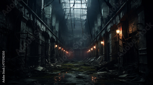 abandoned asylum. A chilling scene of an abandoned asylum  with broken windows  flickering lights
