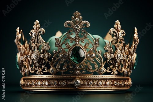 Grandiose Gold Crown, on isolated Emerald Green background, Generative AI