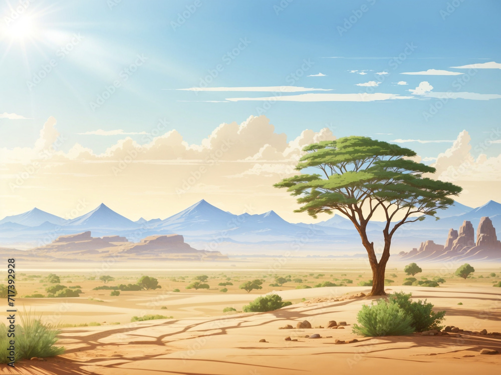 A landscape desert with trees and mountains in the background