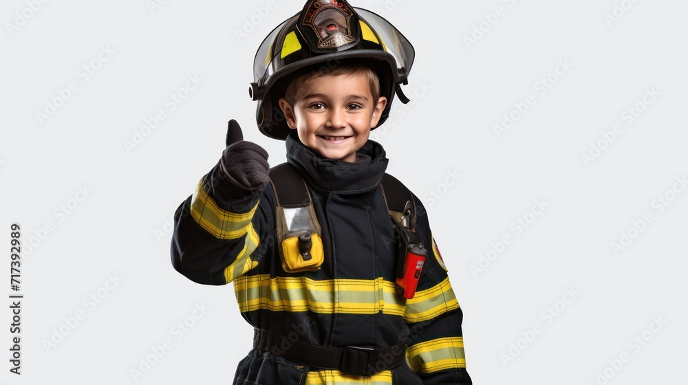 A Happy boy wearing firefighter uniform, little firefighter and fire extinguishing equipment, firefighter career adventure concept. on empty space on a white isolated transparent background. A Happy boy wearing firefighter uniform, little firefighter and fire extinguishing equipment, firefighter career adventure concept. on empty space on a white isolated transparent background.