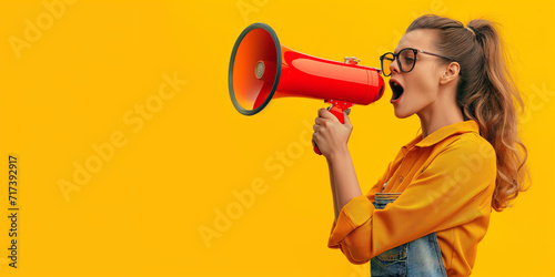 Woman holding a megaphone confidently Announce loudly and communicate Convey a powerful message in lively portraits