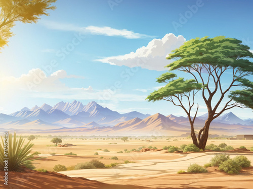 A landscape desert with trees and mountains in the background