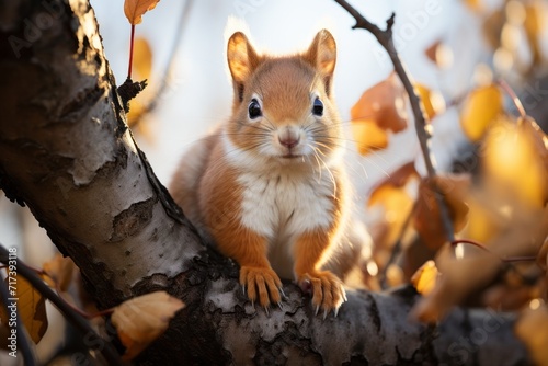 Playful squirrel perched on a tree branch  Generative AI