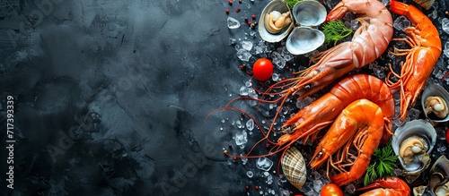 Seafood cooking banner with text space, viewed from above