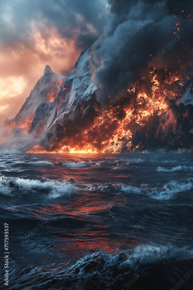 Fototapeta premium Fiery Swiss Sunrise: Majestic Alps, Red Sky, and Ocean Views
