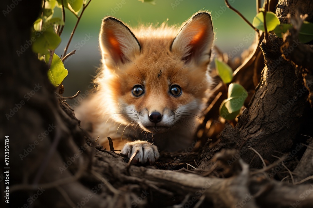 Obraz premium Red fox peeking out from behind tree roots, Generative AI