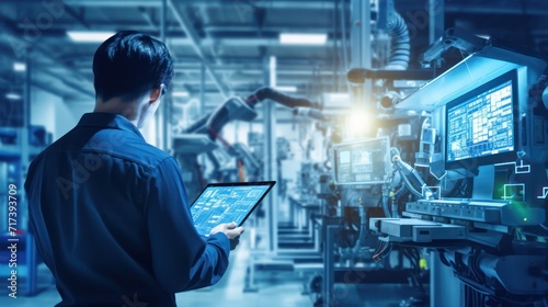 A Industry engineer in factory using digital tablet with automated robot arm machine learning operation infographic system control monitoring on a blue background.