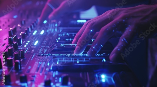Delve into the intricate world of synthesizers with detailed shots of hands delicately adjusting sliders and modulators to produce bold and dynamic electronic compositions. photo