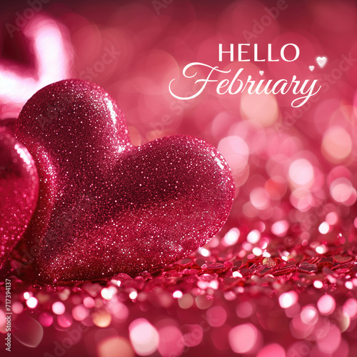 Festive card for February with a glittering heart on a bokeh background.