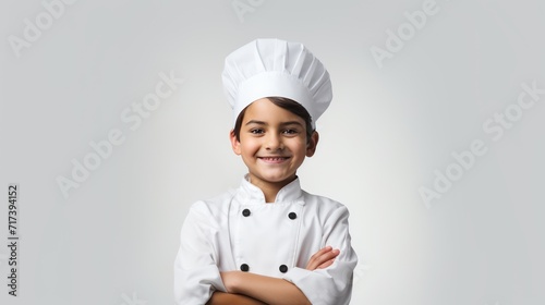 A Cooking, happy boy wearing chef's uniform. Little cook and kitchen equipment. Cooking concepts in the chef profession On empty space on white transparent background isolated