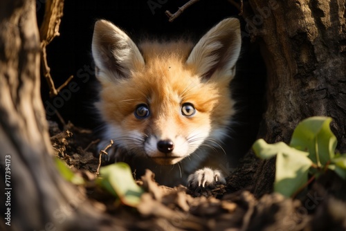 Red fox peeking out from behind tree roots  Generative AI