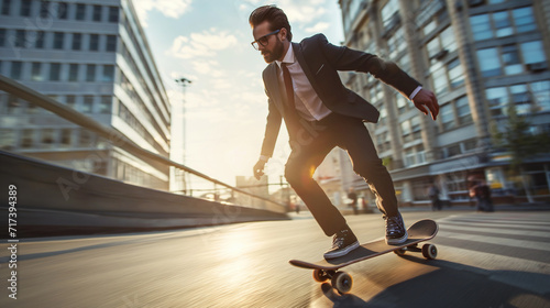 Confident smart businessman in suit riding a skateboard hurrying to his office photo