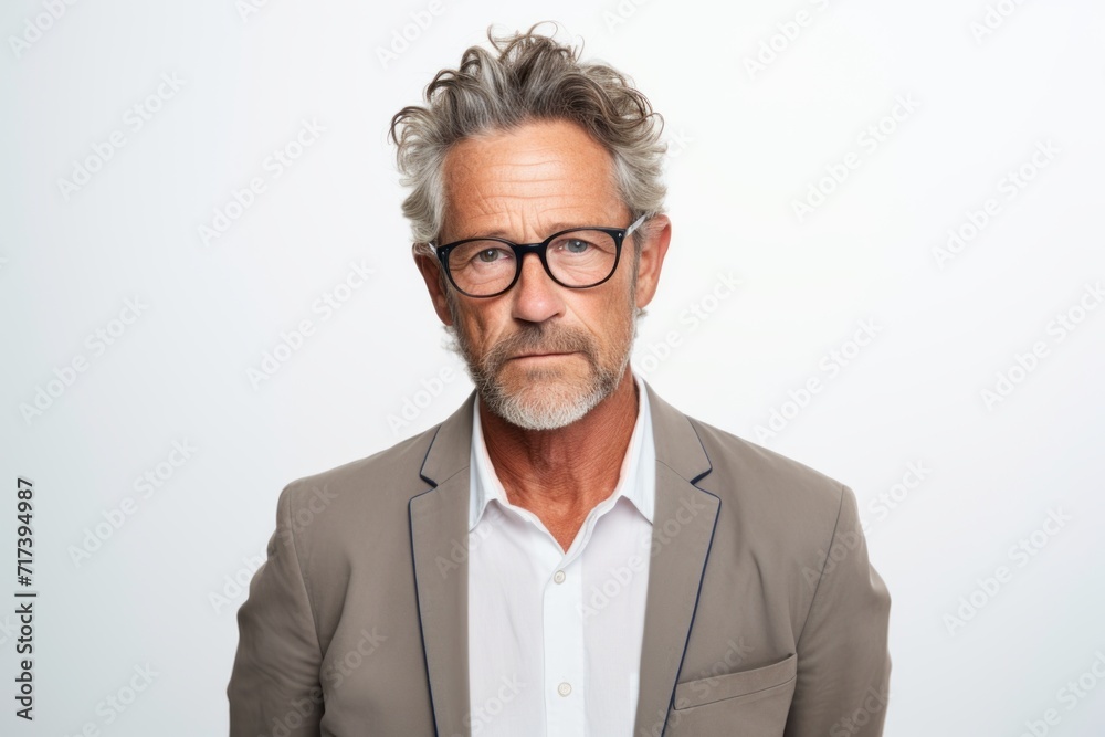 Portrait of serious senior man in eyeglasses looking at camera.