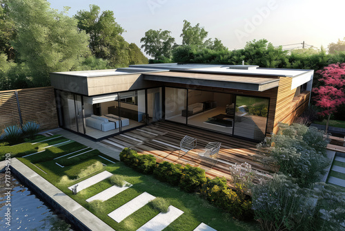 high view 3d rendering of a modern house with sliding doors and a small yard, flowers garden © Kien