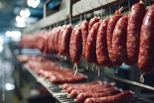 Sausages hanging for drying in a production facility. photo
