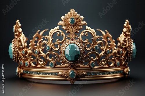 Magnificent Gold Crown, on isolated Turquoise Blue background, Generative AI