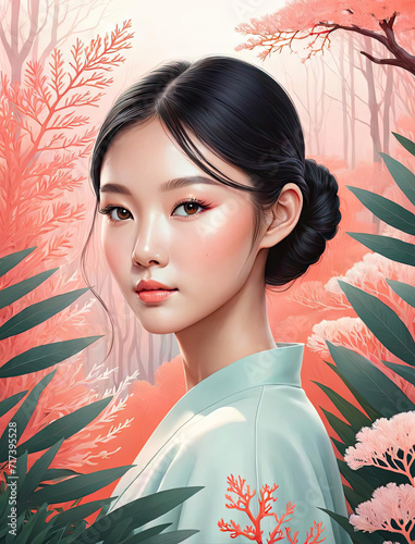 Modern Flat Design Portrait of a Heavy Medium-Skin East Asian Young Woman Embraced by Nature Gen AI photo