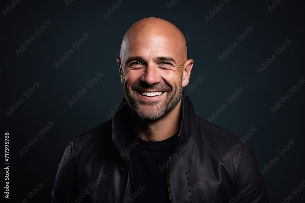 Portrait of a smiling middle-aged bald man in a leather jacket Portrait of a smiling middle-aged bald man in a leather jacket