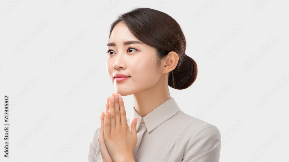 A Portrait of a young Asian woman pleading on a white isolated transparent background. A Portrait of a young Asian woman pleading on a white isolated transparent background.