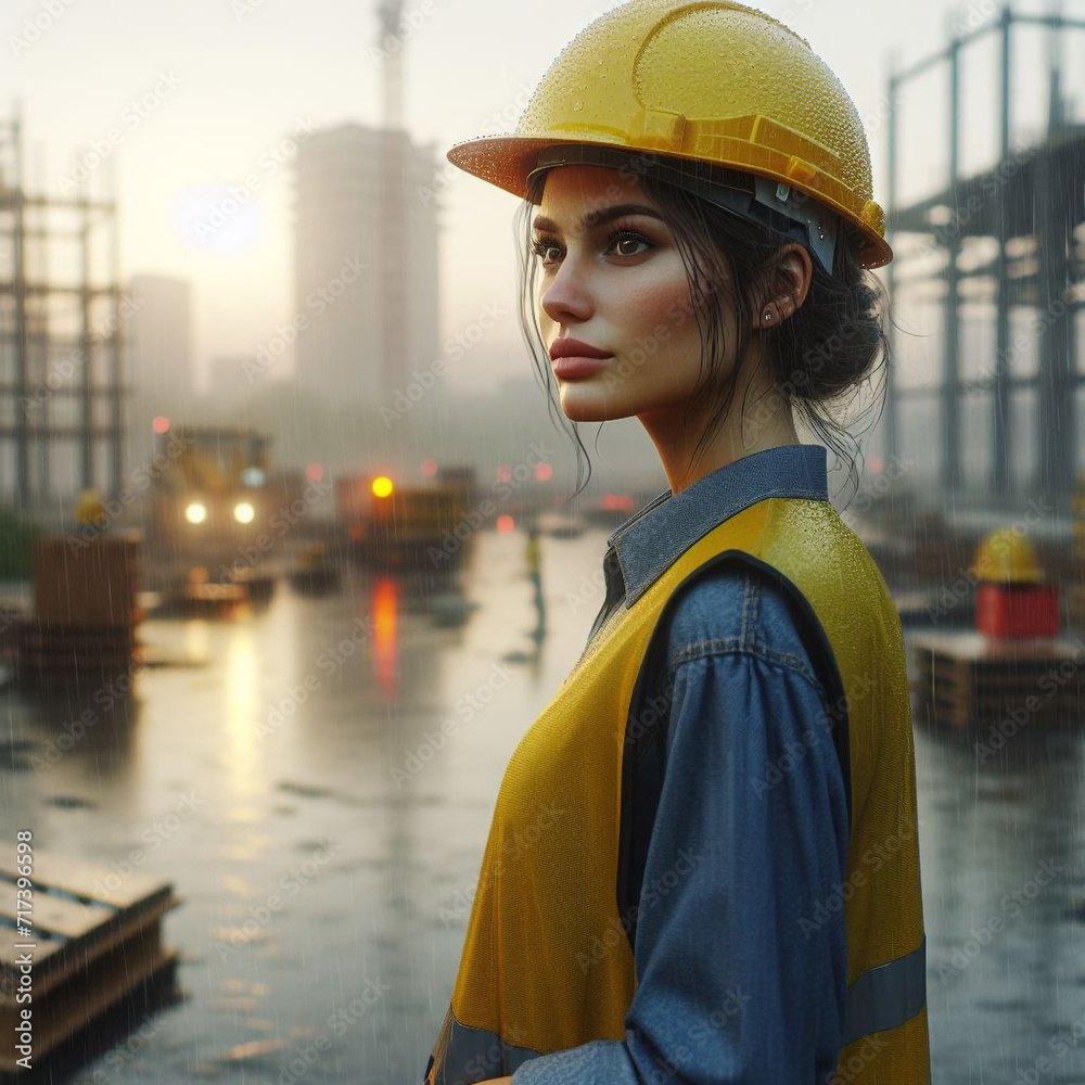 A construction worker wearing yellow helmet for safety on construction site rainy scene