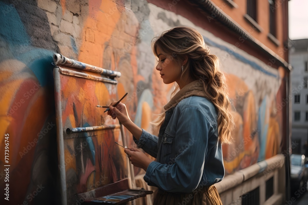 Urban Artist Creating Vibrant Mural, Street Art in Action Urban Artist Creating Vibrant Mural, Street Art in Action