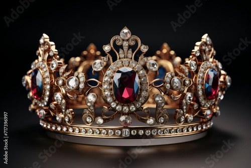 Majestic Royal Gold Crown, on isolated Ruby Red background, Generative AI