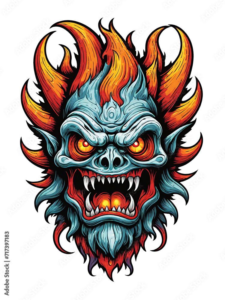 Obraz premium Skull with horns and fire flames isolated on transparent background