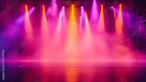 Empty stage with vibrant lighting set for a dramatic performance. Dramatic purple haze and spotlights on an empty theater stage  awaiting a night of spectacle and wonder