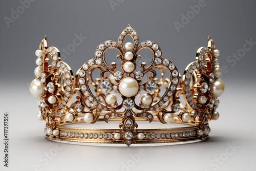 Opulent Royal Gold Crown, on isolated Pearl White background, Generative AI
