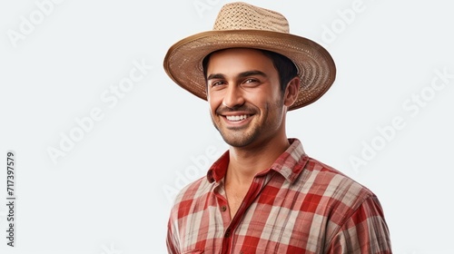 Agriculture, Confident Farmer Wearing a wide-brimmed hat and a red striped shirt, standing looking at the camera, isolated on a white transparent background.