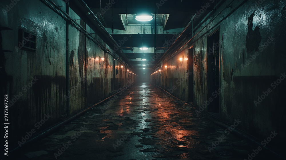 creepy abandoned asylum hallway. A disturbing image of an abandoned asylum's dimly lit hallway - obrazy, fototapety, plakaty 