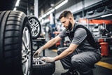 Professional mechanic changing car tyres in auto repair service center. Technician man working at auto repair service center. Changing tire shop. Repair or maintenance auto service. Generative AI.