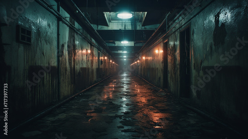 creepy abandoned asylum hallway. A disturbing image of an abandoned asylum's dimly lit hallway