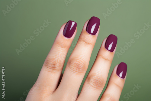 Glamour woman hand with deep berry and plum nail polish on fingernails. Nail manicure with gel polish at luxury beauty salon. Nail art and design. Female hand model. French manicure. Generative AI.