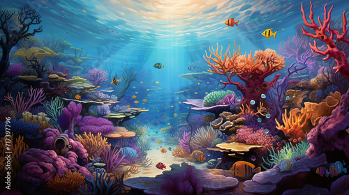 colorful depiction of a bustling coral reef, showcasing diverse marine life, intricate corals