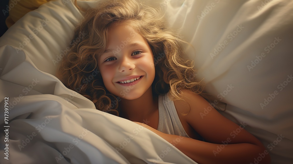 Smiling young girl relaxing in bed. Cute little girl. Smiling young girl relaxing in bed. Cute little girl.