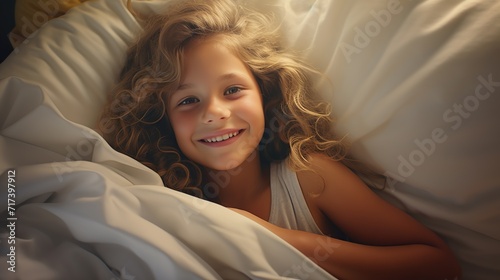 Smiling young girl relaxing in bed. Cute little girl.