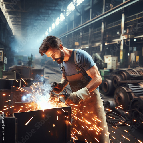 A man working with sparks in a factory industrial manufacturing