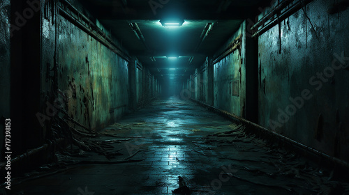 disturbing image of an abandoned asylum's dimly lit hallway, with peeling paint, flickering lights photo