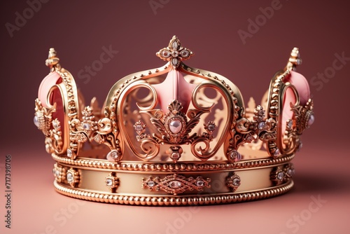 Ornate Gold Crown, on isolated Coral Pink background, Generative AI
