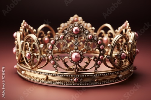 Ornate Gold Crown, on isolated Coral Pink background, Generative AI