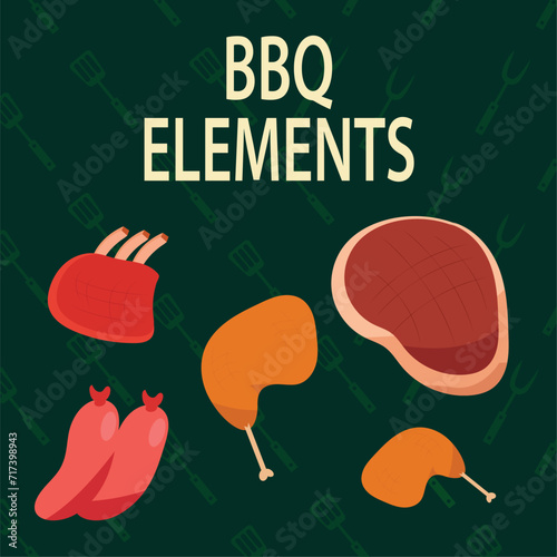 set of banner icons with collection of design elements for BBQ green background.