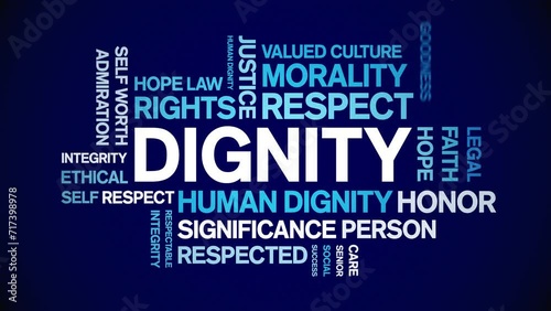 Dignity animated tag word cloud;text design animation kinetic typography seamless loop.