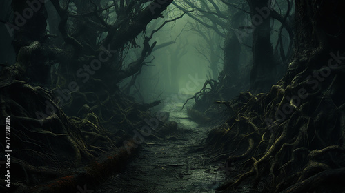 an ominous image of narrow path winding through a creepy with gnarled trees and faint silhouettes