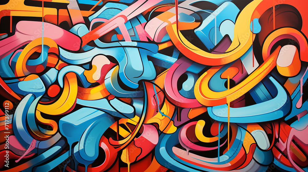 colorful abstract piece inspired by urban street art, featuring graffiti-style elements and vibrant