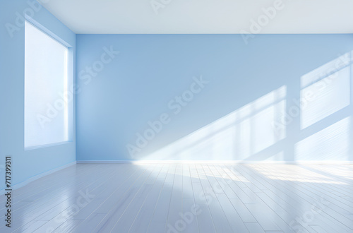 a blue wall and white floors minimalist room