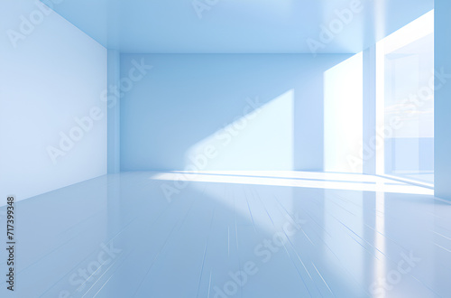 a blue wall and white floors